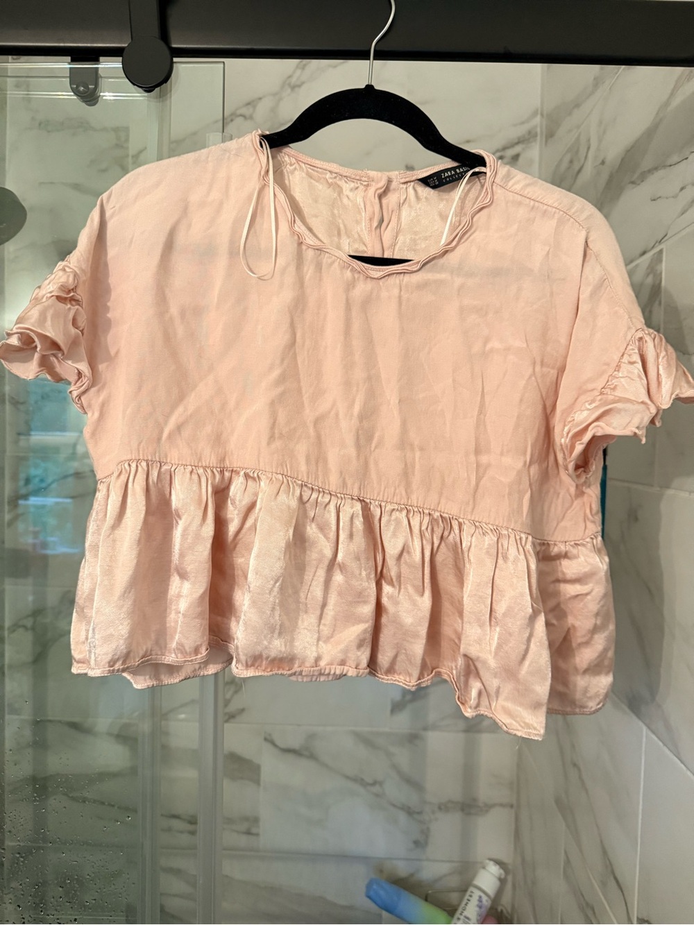 Zara Basic Collection Pale Pink Ruffle-Hem Crop Top